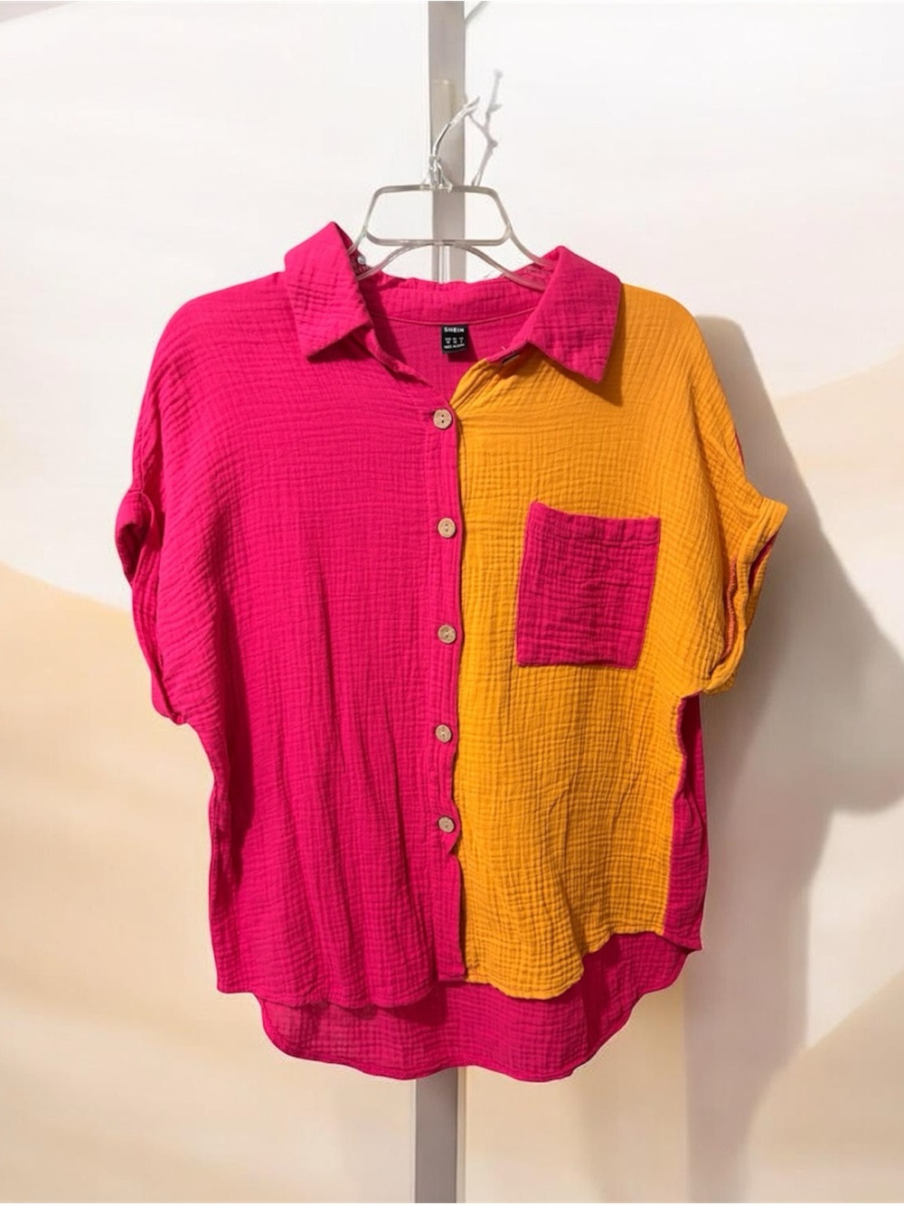SHEIN Hot Pink and Mustard Colorblock Button-Down Shirt